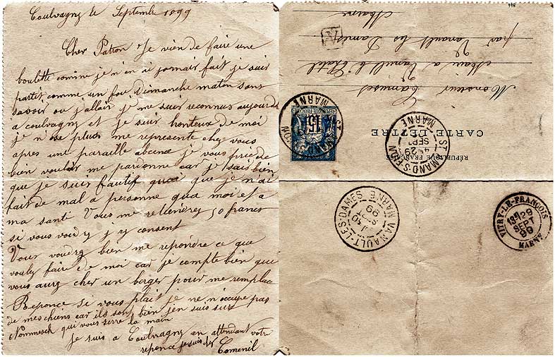 Lettre d'un berger champenois à son patron en 1899