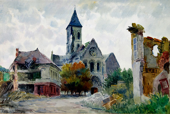 aquarelle "église de Vailly-sur-Aisne" par Georg Wolf