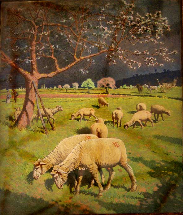 moutons dans un verger par Léon-Henri Liévrat, pastel conservé au Musée de Soissons