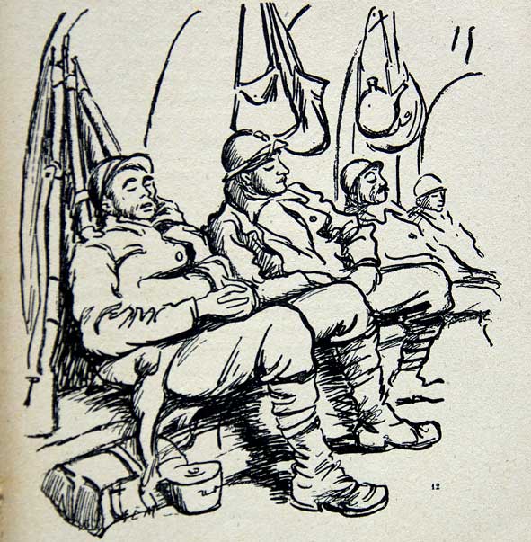 après avoir tant marché, brodequins et bandes molletières aux pieds, le poilu s'assoupit. 